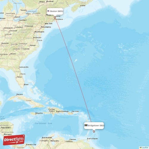 Bridgetown - Boston direct flight map