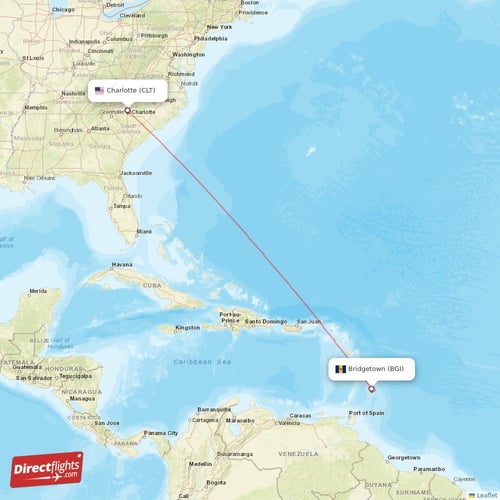 Bridgetown - Charlotte direct flight map