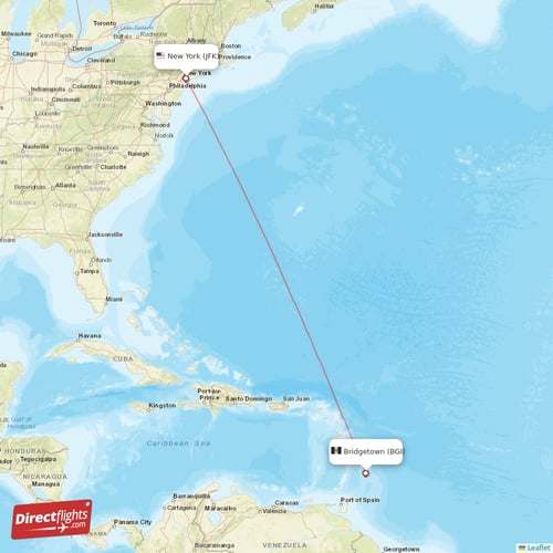 Bridgetown - New York direct flight map