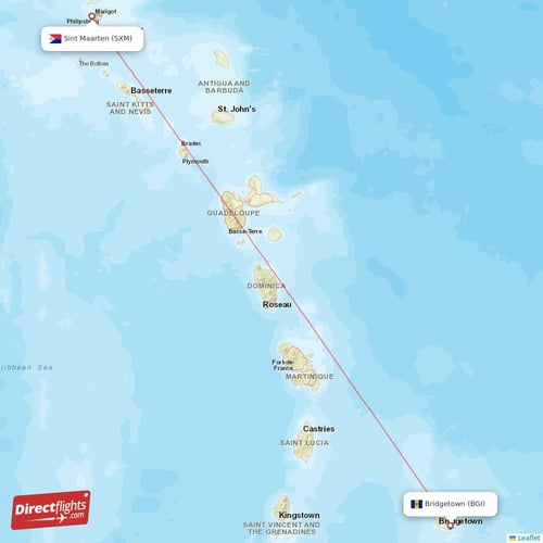 Bridgetown - Sint Maarten direct flight map