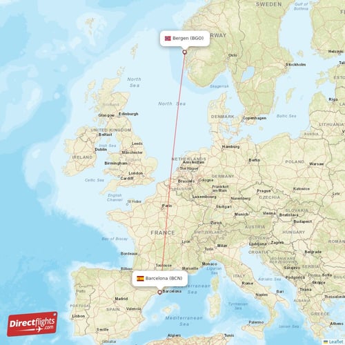 Bergen - Barcelona direct flight map