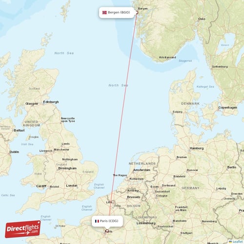 Bergen - Paris direct flight map