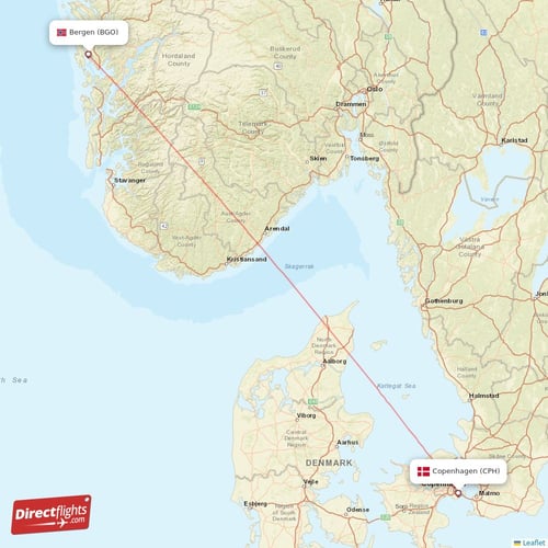 Bergen - Copenhagen direct flight map