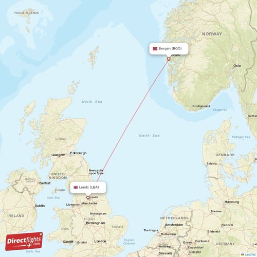 Bergen - Leeds direct flight map