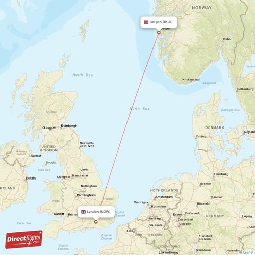 Bergen - London direct flight map