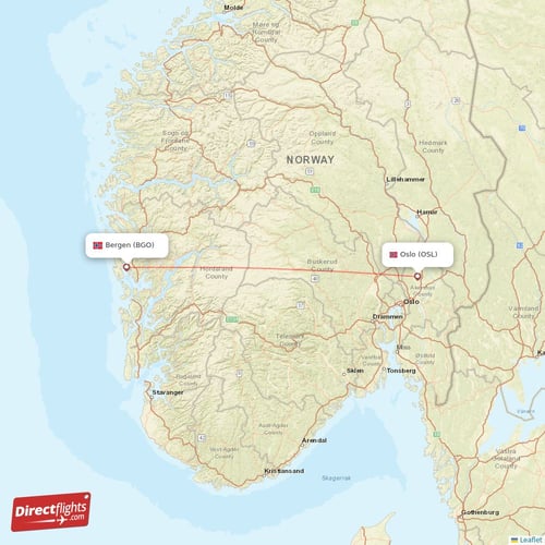 Bergen - Oslo direct flight map