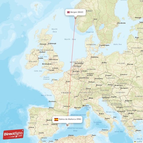 Bergen - Palma de Mallorca direct flight map