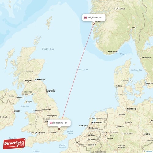 Bergen - London direct flight map