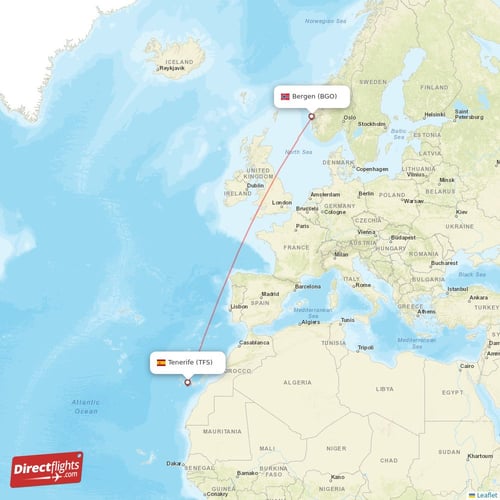 Bergen - Tenerife direct flight map