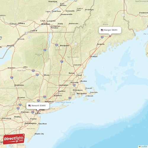 Bangor - New York direct flight map