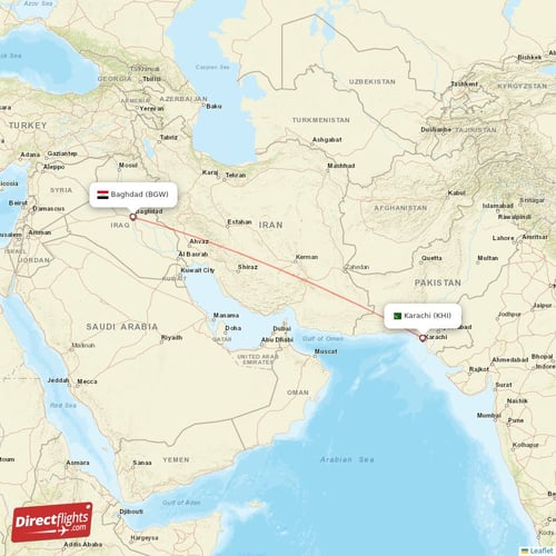 Baghdad - Karachi direct flight map