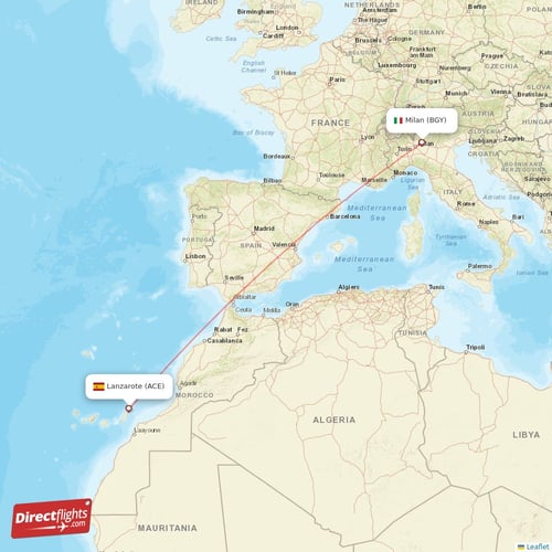 Milan - Lanzarote direct flight map