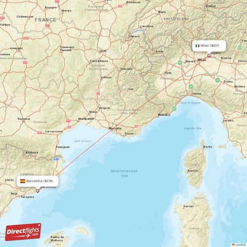 Milan - Barcelona direct flight map