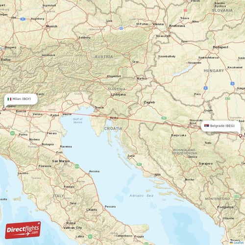 Milan - Belgrade direct flight map
