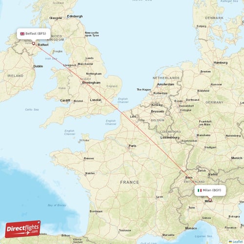 Milan - Belfast direct flight map