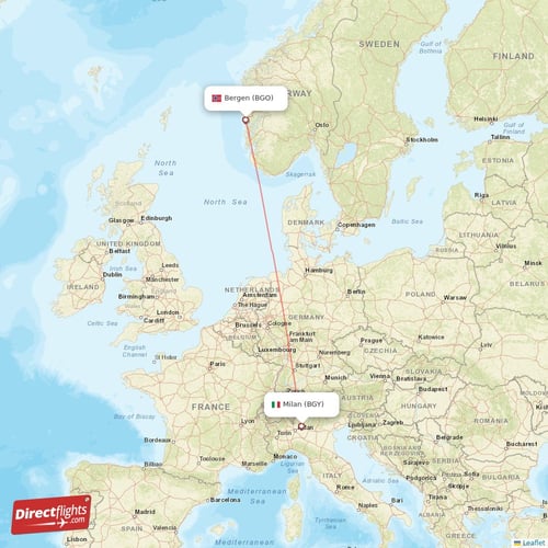 Milan - Bergen direct flight map