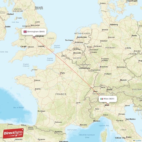 Milan - Birmingham direct flight map