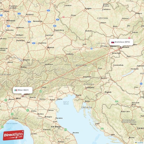 Milan - Bratislava direct flight map
