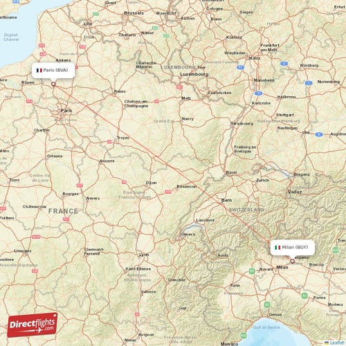 Milan - Paris direct flight map