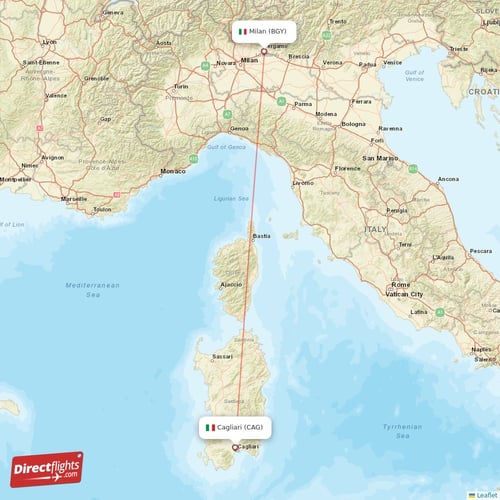 Milan - Cagliari direct flight map