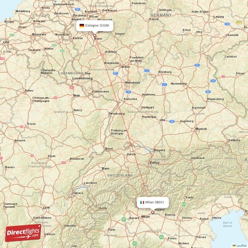 Milan - Cologne direct flight map