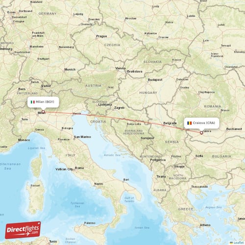 Milan - Craiova direct flight map
