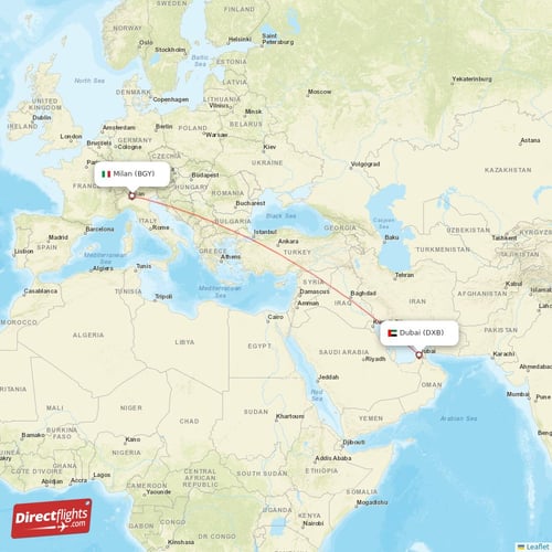 Milan - Dubai direct flight map