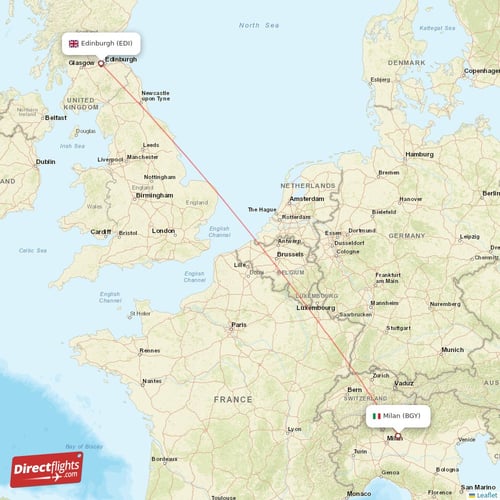 Milan - Edinburgh direct flight map