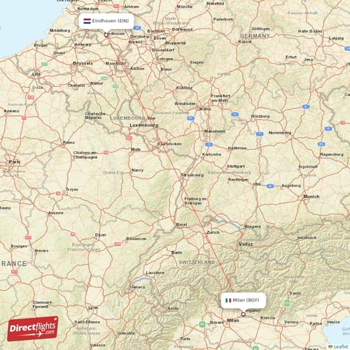 Milan - Eindhoven direct flight map