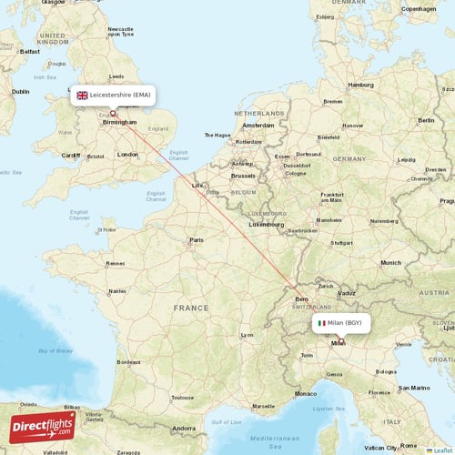 Milan - Leicestershire direct flight map