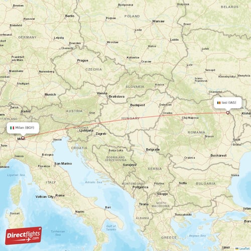 Milan - Iasi direct flight map