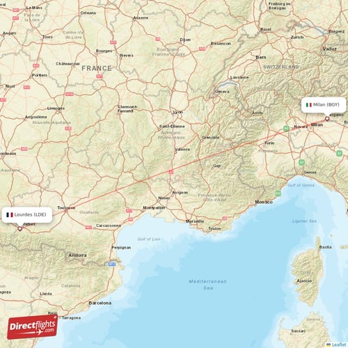 Milan - Lourdes direct flight map