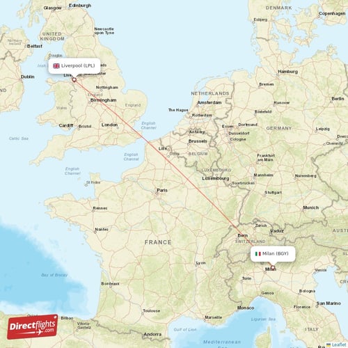 Milan - Liverpool direct flight map