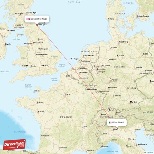 Milan - Newcastle direct flight map