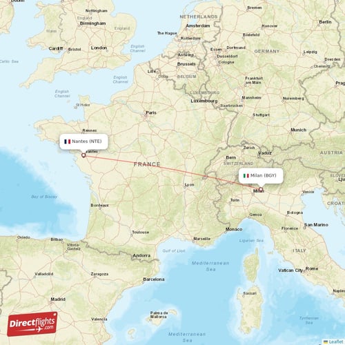 Milan - Nantes direct flight map