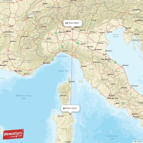 Milan - Olbia direct flight map