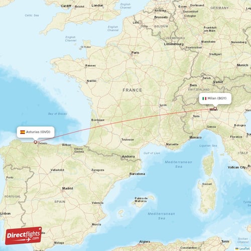 Milan - Asturias direct flight map