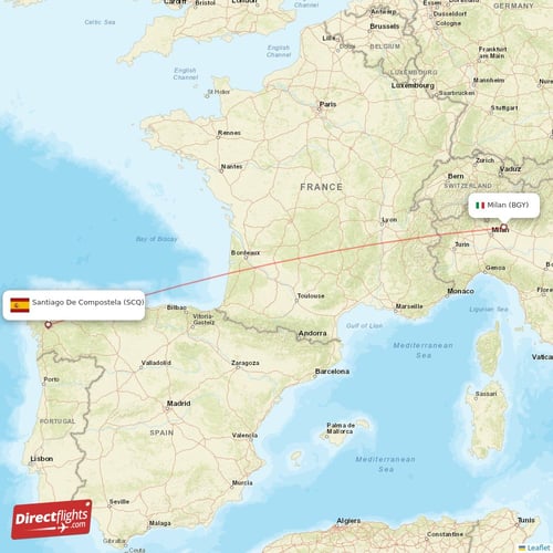 Milan - Santiago De Compostela direct flight map