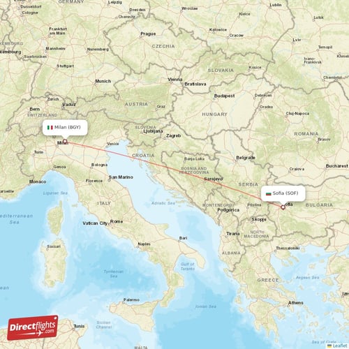 Milan - Sofia direct flight map