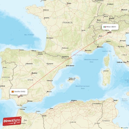 Milan - Sevilla direct flight map