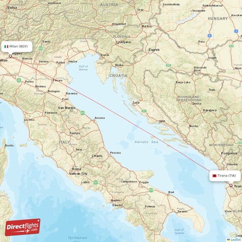 Milan - Tirana direct flight map