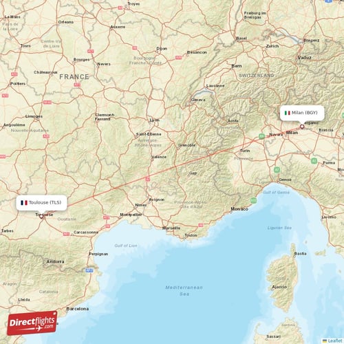 Milan - Toulouse direct flight map