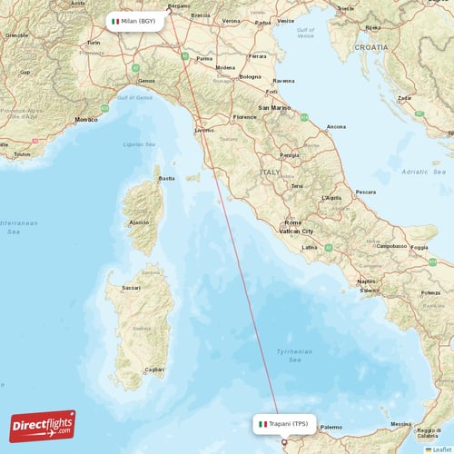 Milan - Trapani direct flight map