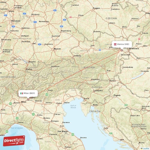 Milan - Vienna direct flight map