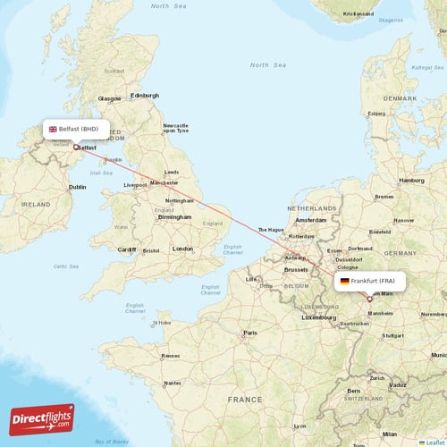 Belfast - Frankfurt direct flight map