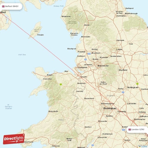 Belfast - London direct flight map