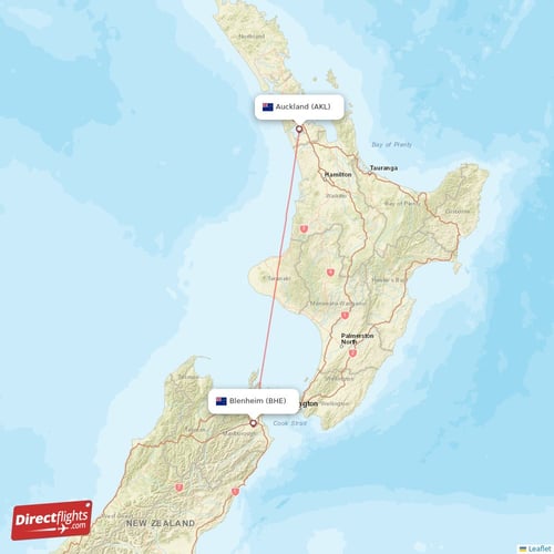 Blenheim - Auckland direct flight map