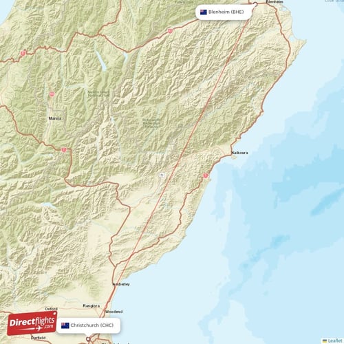 Blenheim - Christchurch direct flight map