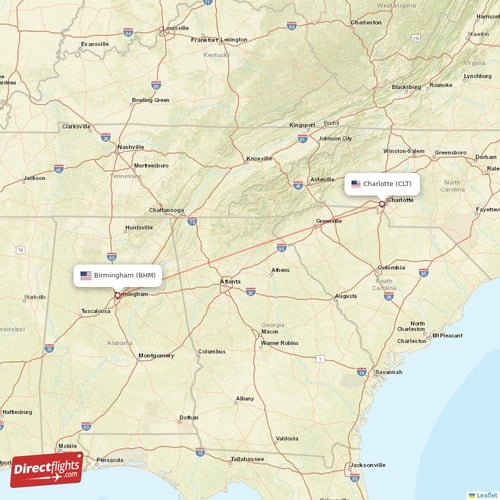 Birmingham - Charlotte direct flight map