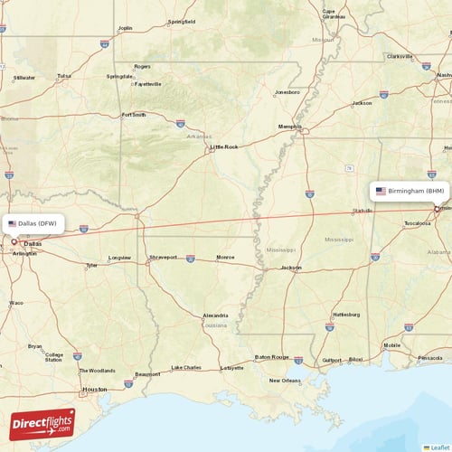 Birmingham - Dallas direct flight map